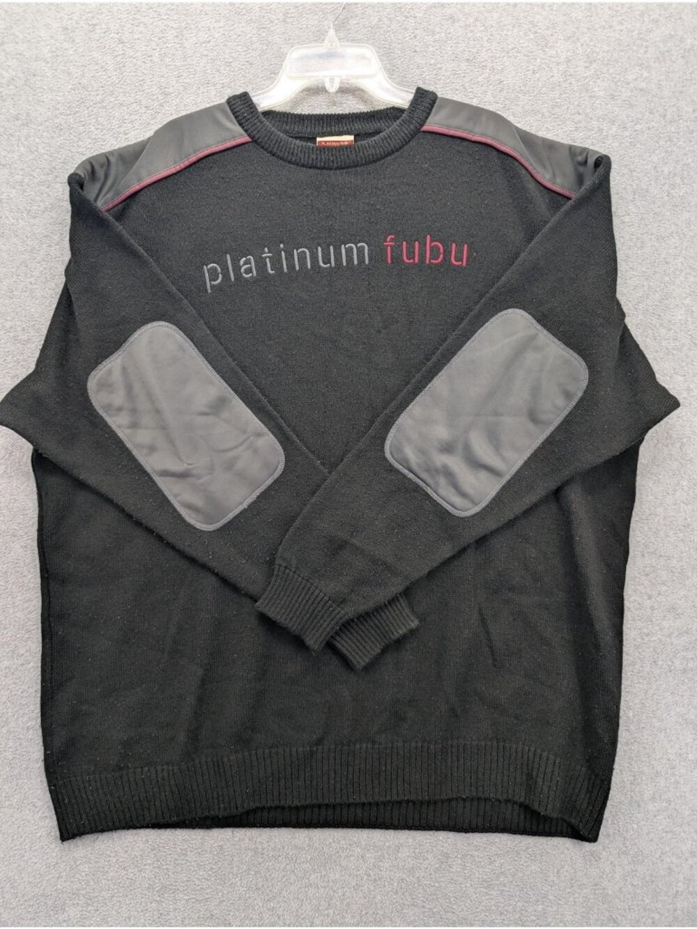 Vintage Platinum FUBU Sweater Mens 3XL Black Crewneck Elbow Patch Logo Knit